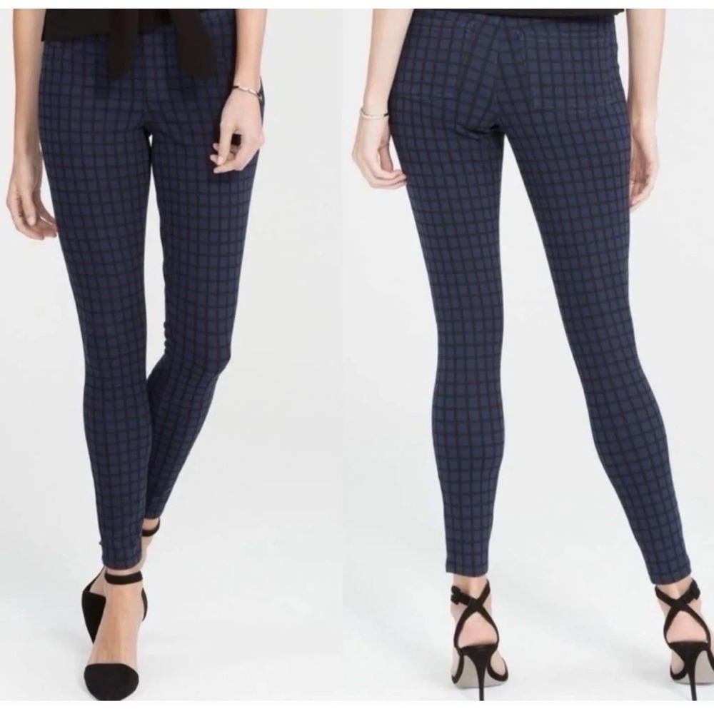 Spanx Jeanish Ankle Leggings L Black Blue Plaid Print Skinny Pull On Casual Pant - Picture 9 of 9